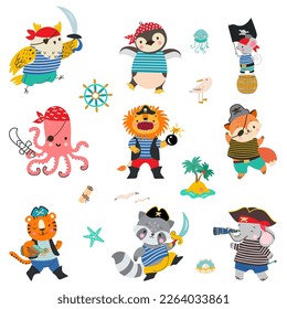 Animal pirates, brave sea pirate lion, raccoon and fox. Cartoon animals wear ocean robber and ship captain costumes, funny nowaday childish vector characters