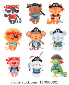 Animal pirates characters in cartoon style. Set of cute funny little pirates vector illustration.