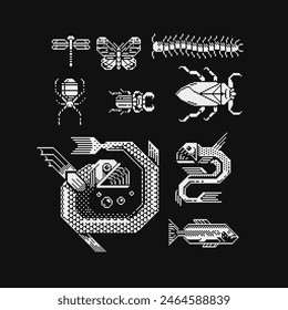 Animal pixel art icons set, fish, insect, caterpillar, bug, logo, sticker, butterfly, stamp, web, logo shop, mobile app, isolated vector illustration. Game assets 1-bit sprite.