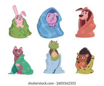 Animal in plaids. Funny cartoon wild animals sitting in home in different poses and taking cozy blankets exact vector templates set