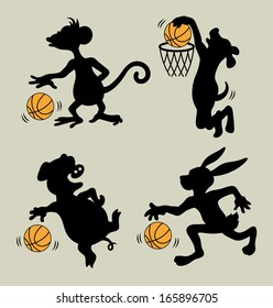 Animal Playing Basketball Silhouettes. Monkey, dog, pig, and rabbit in basket ball sport activity. Good use for any design you want. Easy to use or edit.