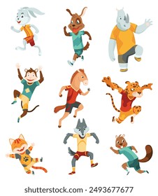 Animal playing football. Cute soccer team players on different positions. Sport is for everyone. Funny vector characters illustration