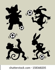 Animal Playing Soccer Silhouettes. Four animals in sport activity. Good use for you symbol, web icon, sticker design, or any design you want. Easy to use, edit, or change color.