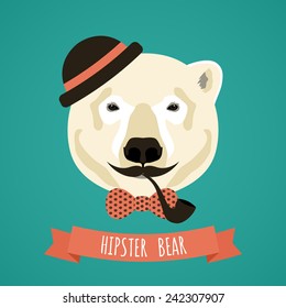 Animal polar bear with smoking pipe hat and moustache hipster portrait vector illustration