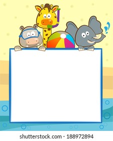 Animal Pool Banner - Cute animals with snorkel, goggles and a beach ball holding a blank banner. Eps10