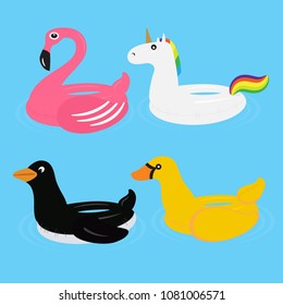 Animal Pool Float Swimming Ring Ride for Adult Kids Vector Illustration. Flamingo Inflatable Lifebuoy.