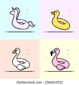 Animal pool inflatable ring icon collection contain Unicorn, Duck, Swan and flamingo. Cute animal swim ring design for business logo, social banner, summer poster and app icon.