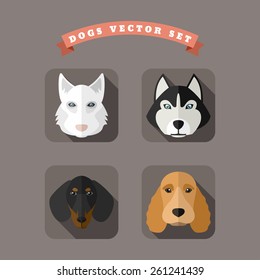 Animal Portrait With Flat Design Vector Illustration. Dogs Vector Set