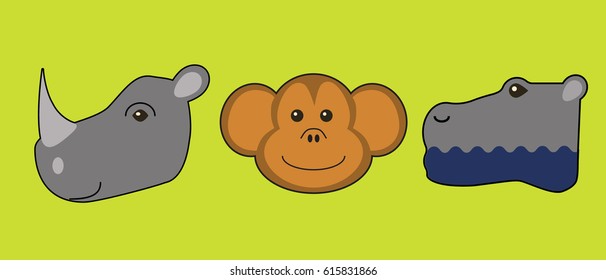 Animal portrait flat icons set with monkey, hippo and rhino / isolated vector illustration on green background 