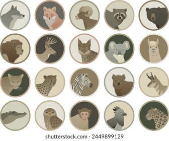 Animal portrait icon set. Isolated flat vector illustration. Stickers with wild animals and birds face avatars. Wildlife of the world.
