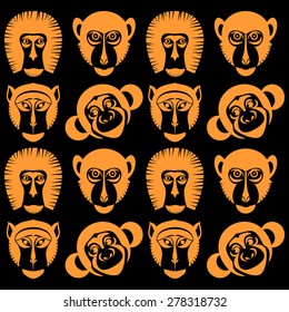 Animal Portrait Monkey. Icons collection. Seamless vector 
