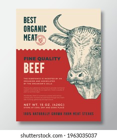 Animal Portrait Organic Meat Abstract Vector Packaging Design Or Label Template. Farm Grown Beef Steaks Banner. Modern Typography And Hand Drawn Cow Head Sketch Background Layout With Soft Shadow.