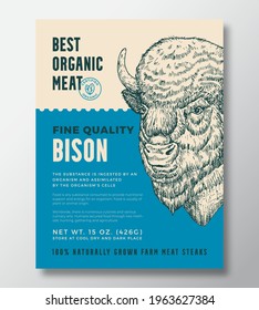 Animal Portrait Organic Meat Abstract Vector Packaging Design or Label Template. Farm Grown Bison Steaks Banner Modern Typography and Hand Drawn Buffalo Head Sketch Background Layout with Soft Shadow.