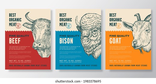 Animal Portrait Organic Meat Vector Packaging Design or Label Templates Set. Farm Steaks Banners. Modern Typography and Hand Drawn Cow, Bison and Goat Head Sketches Backgrounds Layout Collection.