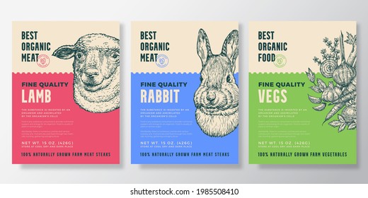 Animal Portrait Organic Meat And Vegetables Vector Packaging Design Or Label Templates Set. Modern Typography And Hand Drawn Rabbit And Sheep Head Sketches Backgrounds Layout Collection.