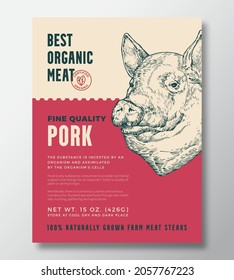 Animal Portrait Organic Pork Meat Abstract Vector Packaging Design or Label Template. Farm Grown Steaks Banner Modern Typography and Hand Drawn Pig Head Sketch Background Layout with Soft Shadow.