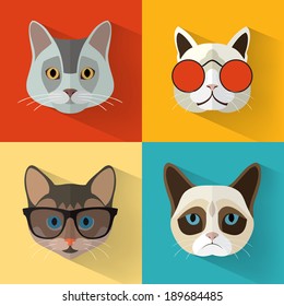 Animal Portrait Set with Flat Design/ Cat Collection / Vector Illustration