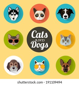 Animal Portrait Set with Flat Design / Cats and Dogs / Vector Illustration