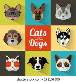 Animal Portrait Set with Flat Design / Cats and Dogs / Vector Illustration