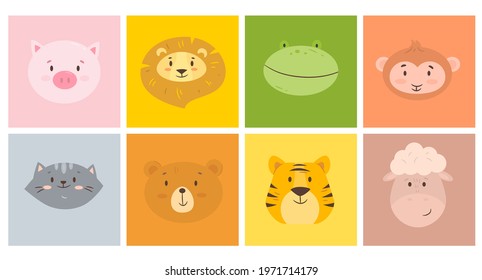 Animal portraits. Funny different fauna avatars, cute cartoon drawings with animals happy faces, wild and domestic characters. Baby prints and nursery design. Vector monochrome square cards