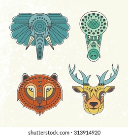 Animal portraits made in unique geometric flat style. Vector heads of cute animals. Isolated icons for your design. 