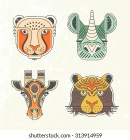 Animal portraits made in unique geometric flat style. Vector heads of cheetah, giraffe, rhino, tiger. Isolated icons for your design. 