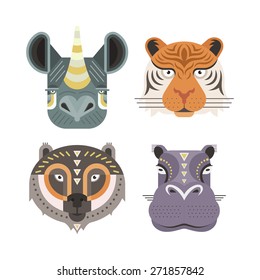 Animal portraits made in unique geometrical flat style. Vector heads of  rhino, tiger, bear, hippopotamus. Isolated icons for your design. 

