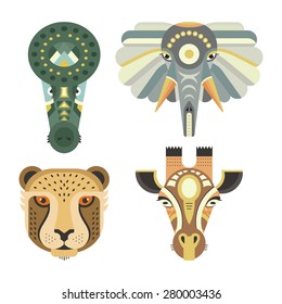 Retratos animales hechos en un estilo único geométrico plano. Cabezas vectoras de cocodrilo, elefante, chita, jirafa. Iconos aislados para su diseño. 
