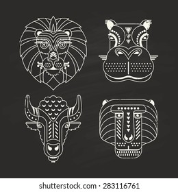 Animal portraits made in unique geometrical flat style. Vector heads of lion, hippo, bison, monkey on a chalkboard. Isolated icons for your design.  