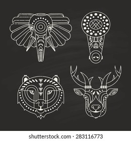 Animal portraits made in unique geometrical flat style. Vector heads of elephant, crocodile, bear, deer. Isolated icons for your design.  