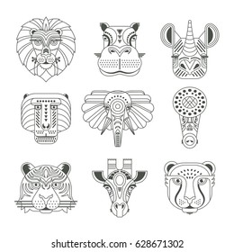 Animal portraits made in unique geometrical flat style. Vector heads of cute animals. Isolated icons for your design. 