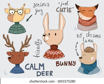 Animal portraits poster with lettering. Bunny, deer, giraffe, lama, fox. Hand drawn vector illustration. Animals in winter outfit