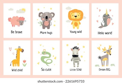 Animal positive banners set. Sheep, koala, lion, giraffe, dolphin, zebra, snake and deer. Motivational and positive quotes, optimism. Cartoon flat vector illustrations isolated on white background