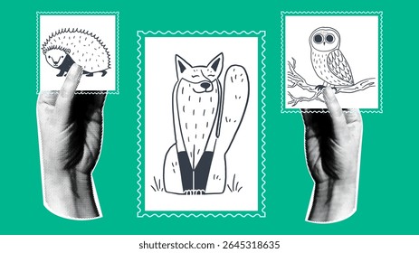 Animal postage stamps. Halftone hands holding stamps with drawings of a hedgehog, fox, and owl. Retro style vector design. 