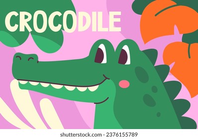 Animal poster with crocodile concept. Mammal with leaves at background. Flora and fauna of tropical and exotic countries. Biological cute cover or banner. Cartoon flat vector illustration