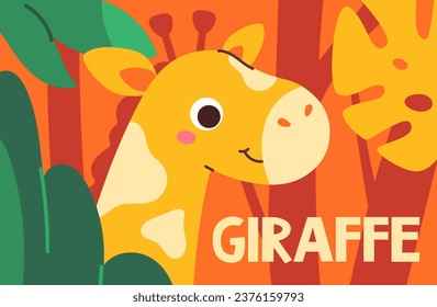 Animal poster with giraffe concept. Tall mammal with leaves at background. Fauna and wild life of tropical and exotic countries. Flyer and leaflet. Cartoon flat vector illustration