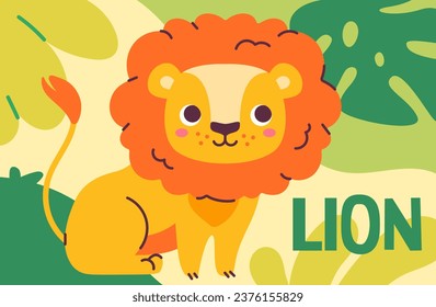 Animal poster with lion concept. Mammal with leaves at background. Wildlife, flora and fauna. Biological cute cover. Graphic element for website. Cartoon flat vector illustration