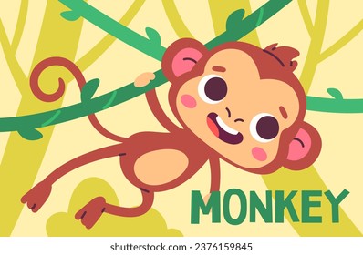 Animal poster with monkey concept. Mammal with leaves at background. African savannah and rainforest, jungle scene. Fauna and wildlife. Template and layout. Cartoon flat vector illustration