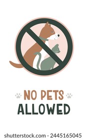 Animal prevention and prohibition sign. Caution board with message NO PETS ALLOWED watch for moving equipment. beware and careful icon, warning symbol. Cute dog and cat in warning sign. flat vector