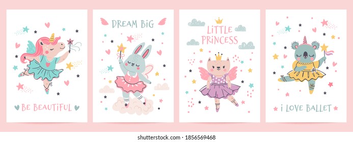 Tierprinzessin in Tutu. Magische Märchen Einhorn, Hase, Katze und Koala in Ballettkleider. Skandinavischer Ballerina-Druck-Design Vektor-Set. Illustrationsballett und Einhorn, Koala und Hase