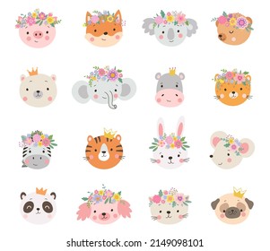 Animal princesses in crown. Floral crowns on princess, queen dog cat bunny and coala. Cartoon animals avatars, wild and pets faces nowaday vector stickers