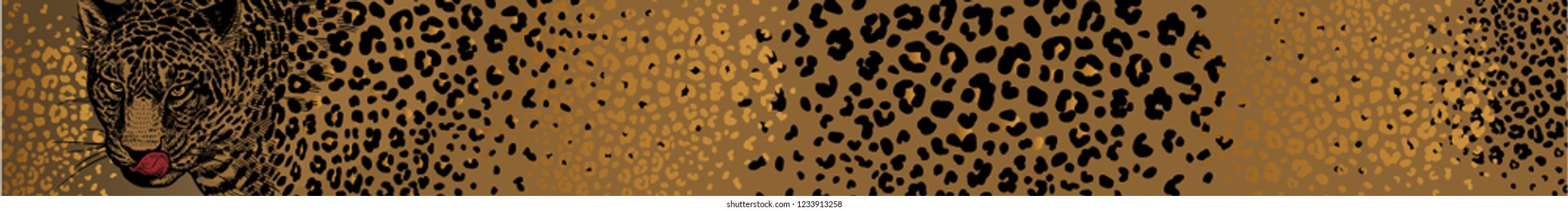 Animal print. African predator Leopard, fur spots. Vector illustration. Print of black color on gold foil background. Abstract pattern. Template for design scarf, interior decoration. Beast style.