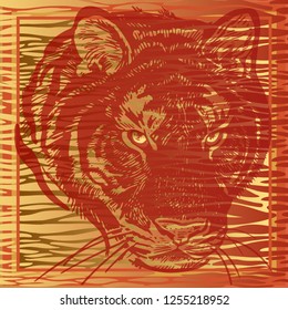 Animal print. African tiger close-up and fur stripes. Vector illustration. Print gold foil and red color on abstract background. Luxury pattern. Template for design scarf or pillow. Modern beast style