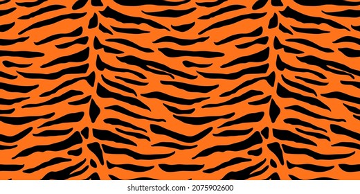 Animal print, bengal tiger leather texture, vector seamless pattern. Skin stripes, jungle wallpaper. Zodiac symbol for Chinese New year 2022