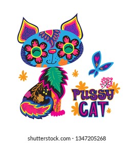 Animal print. Cartoon cat illustration for t shirt design.