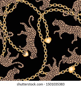 Animal print with chains in repeat, cheetah jumping perfect for fashion and surface design