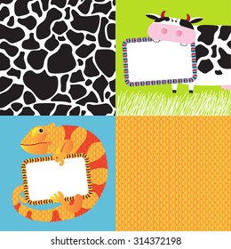 Animal print, chameleon and cow texture background. Elements of greeting card. Vector