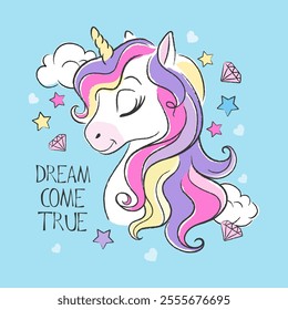 Animal print for clothes and fabric. Fashionable cute unicorn. Cartoon character. blue