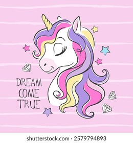 Animal print for clothes and fabric. Fashionable cute unicorn. Cartoon character. pink