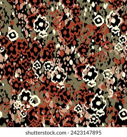 Animal print with flowers. Feline geometric pattern in earth tones. Ready to print and color. For textile fabrics. Vector and all over design